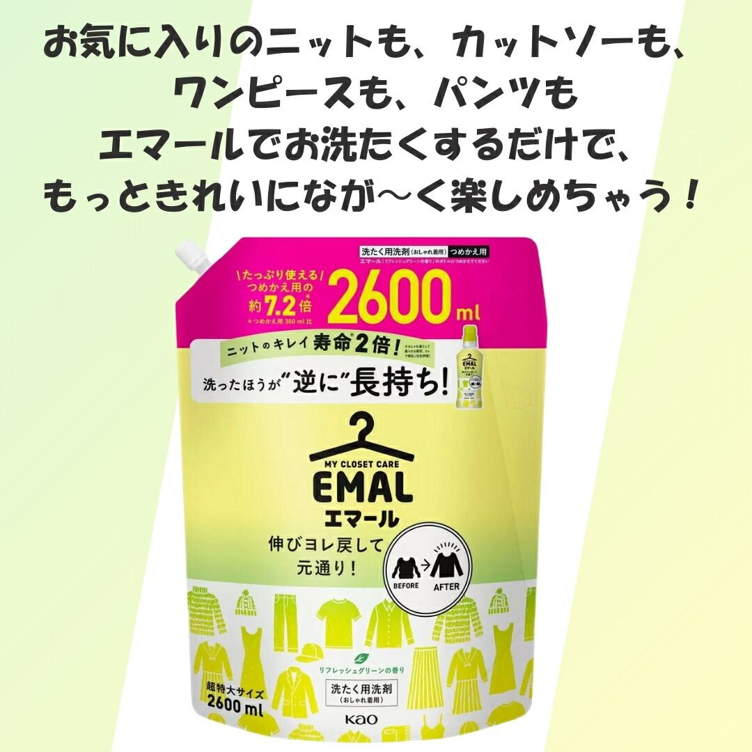 花王 エマール 詰め替え つめかえ 2600ml 5袋セット 大容量 柔軟剤 特大サイズ 詰替 洗濯洗剤 おしゃれ着 洗たく用洗剤 業務用 2.6kg 買い置き ストック 常備 リフレッシュグリーンの香り 伸び ヨレ 戻し 毛玉
