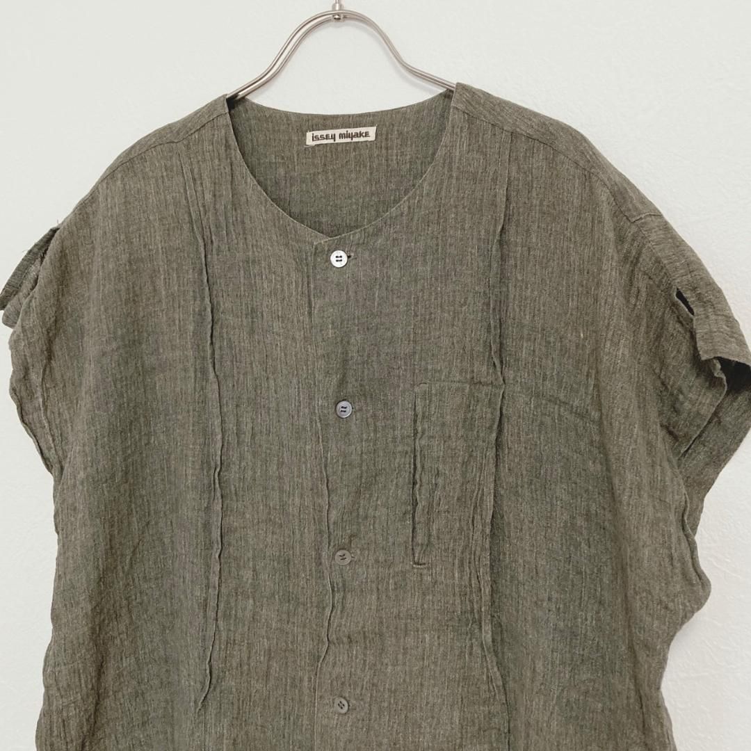 80s ISSEY MIYAKE 麻シャツ カーキ M