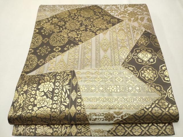 平和屋着物●六通柄袋帯　草木染　意匠保全　切嵌吉祥花文　金糸　金糸　正絹　逸品　CAAU9250hy 平和屋着物○六通柄袋帯 草木染 意匠保全 切嵌吉祥花文 金糸 金糸 正絹