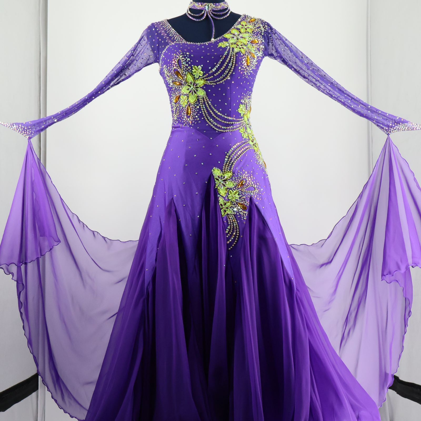 【社交ダンス衣装】パープル 紫 ワンピース ドレス フリル ラインストーン 社交ダンス衣装】パープル 紫 ワンピース ドレス フリル ライン