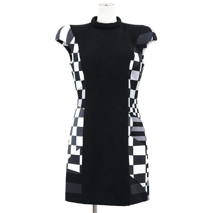 Emilio Pucci エミリオ プッチ ワンピース モノトーン PUCCI ロゴ モックネック フレンチ キャップスリーブ チェッカー 幾何学模様 アート 切替 伸縮性 ドレス レディース 42 ブラック グレー ホワイト 黒 灰色 白 伊製