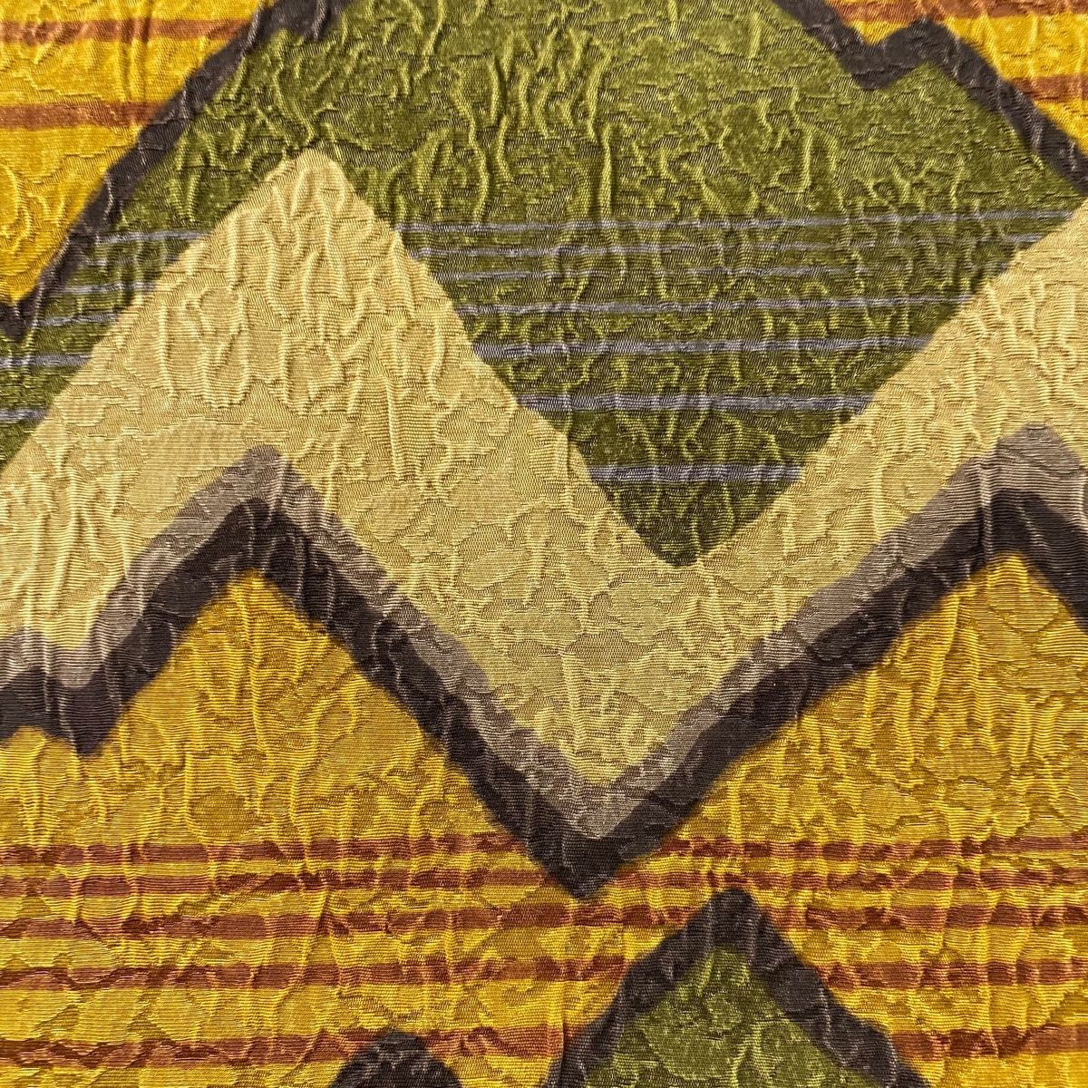 袋帯 秀品 幾何学模様 嶋 山吹茶色 全通 正絹