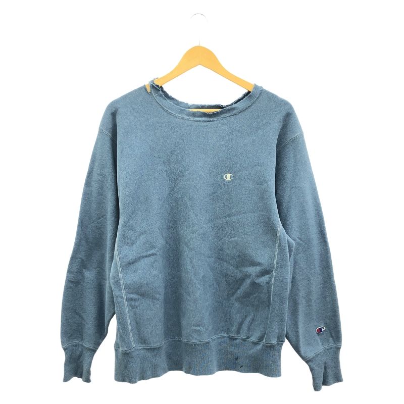 90s champion 刺繍タグスウェット ▲首回り破れ サイズL ブルー チャンピオン 17