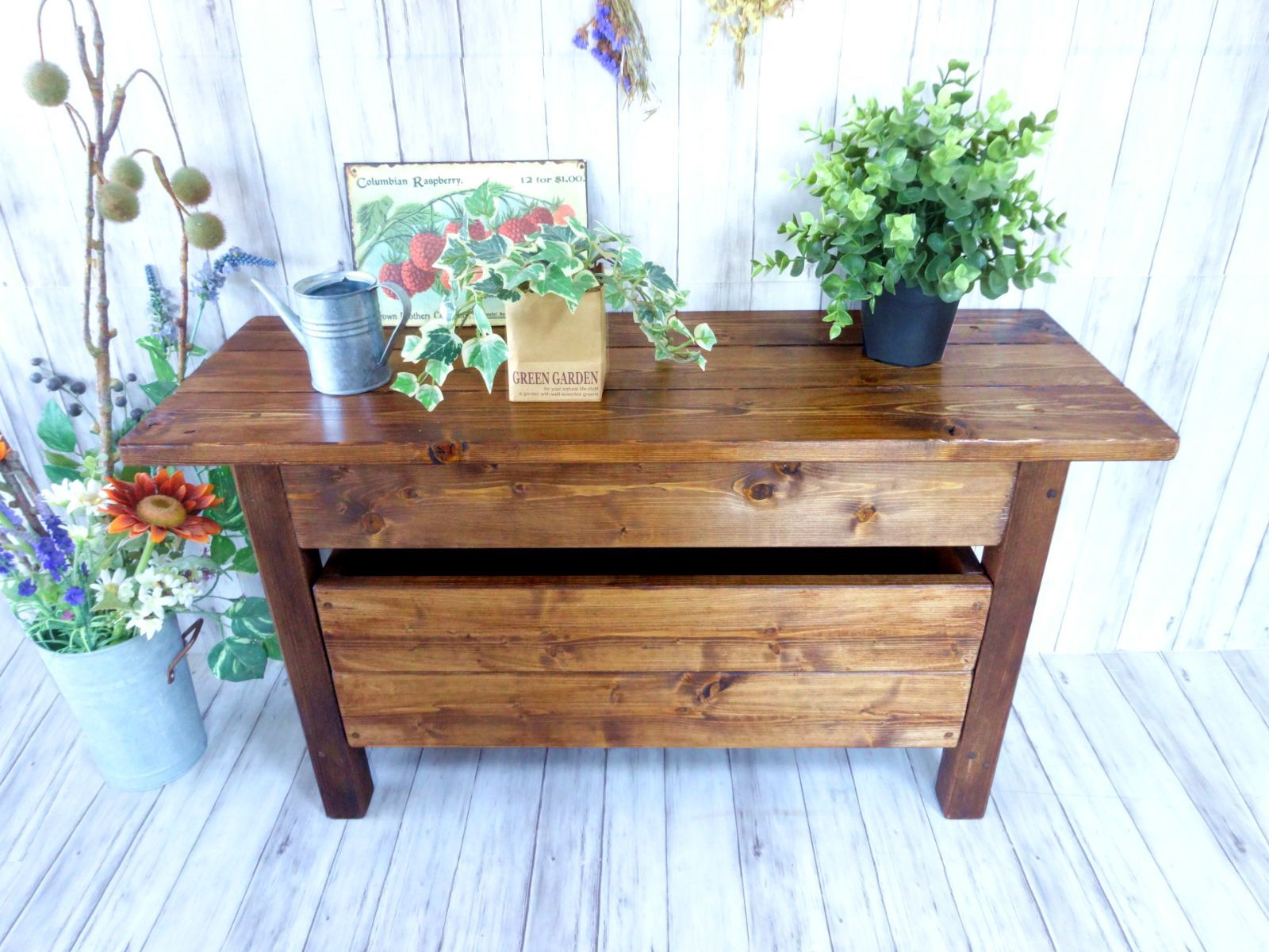 ハンドメイド ショートベンチ 収納ボックス ダークチーク色