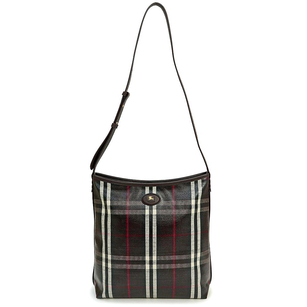 バーバリー スモール ハイランド ショルダーバッグ 斜め掛け キャンバス スムースカーフレザー ブラウン マホガニーレッド シルバー金具 8114636 BURBERRY ♥品