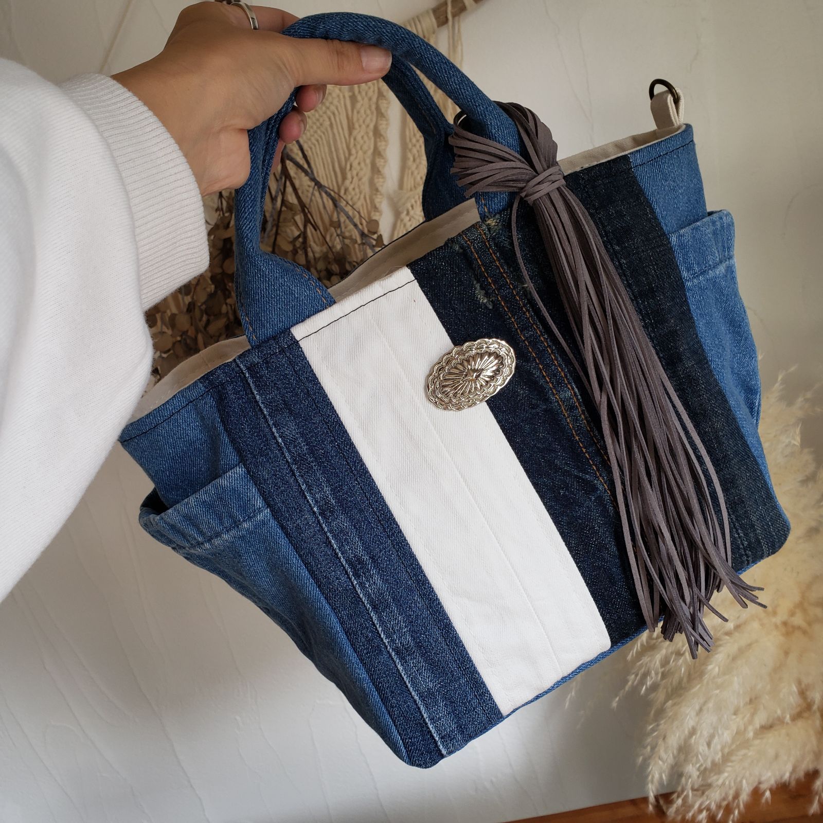 sale中　デニムリメイクトートバッグ　Mサイズ 仕様変更の為SALE中！デニムリメイクストライプトートバッグMサイズ②