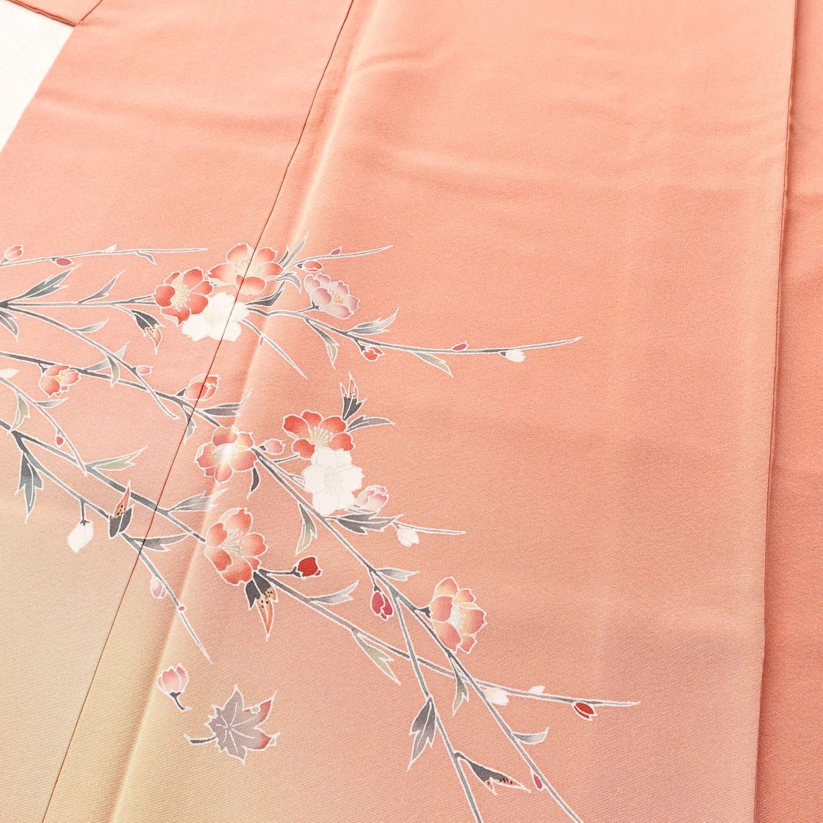 作家物 加賀友禅 訪問着 着物 正絹 袷 身丈163 裄66 薄ピンク 落款有 中古 訪問着 美品 加賀友禅 落款入り 作家物 正絹 花柄 袷仕立て 身丈