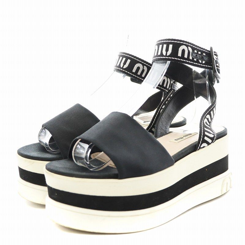 ミュウミュウ miumiu サンダル ストラップ 厚底 ロゴ 36.5 23.5cm 黒 ブラック 白 ホワイト /AN5 - メルカリ