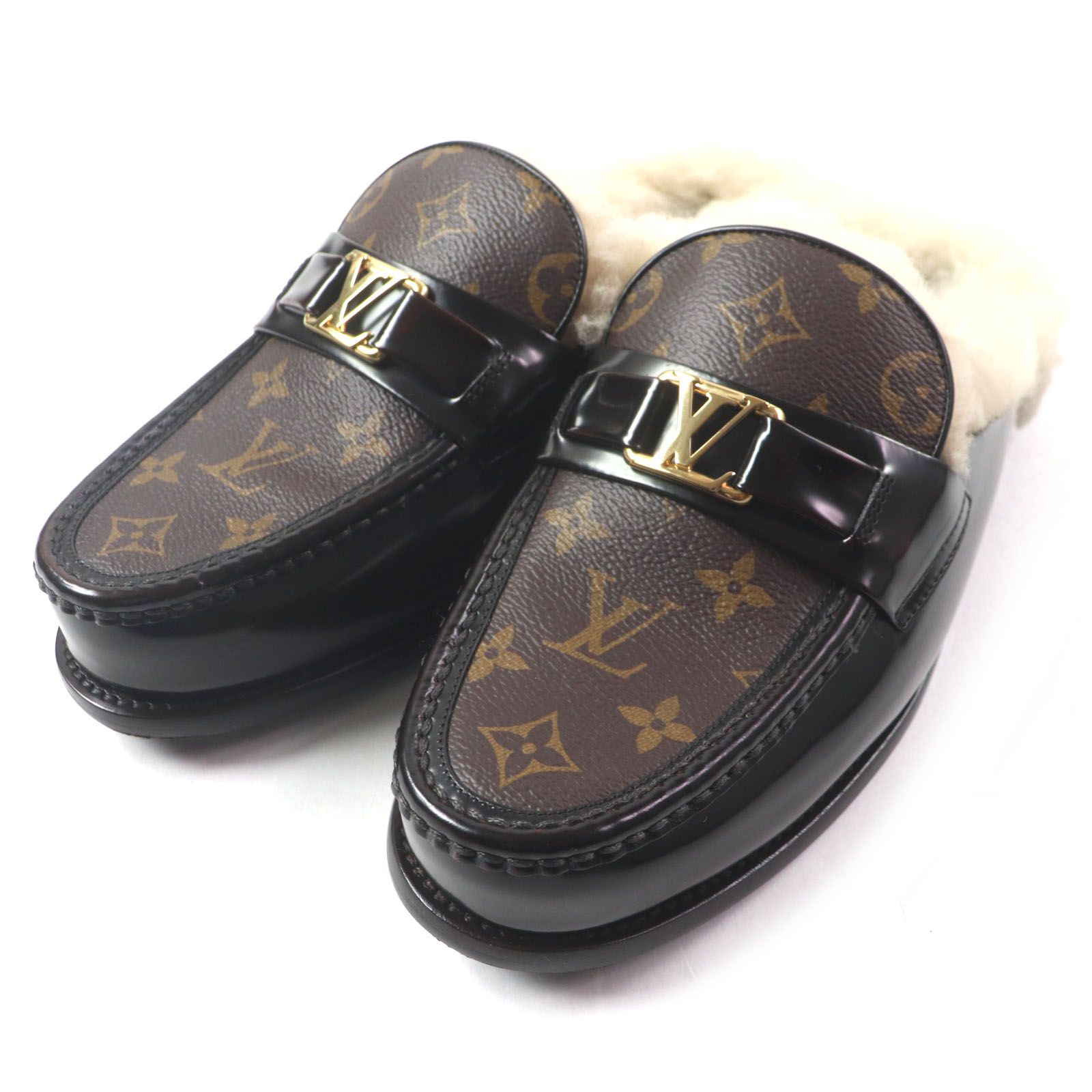 LOUIS VUITTON ルイヴィトン メジャーライン LVロゴ モノグラム レザー ファー ミュール ブラウン ゴールド金具 8M イタリア製 メンズ