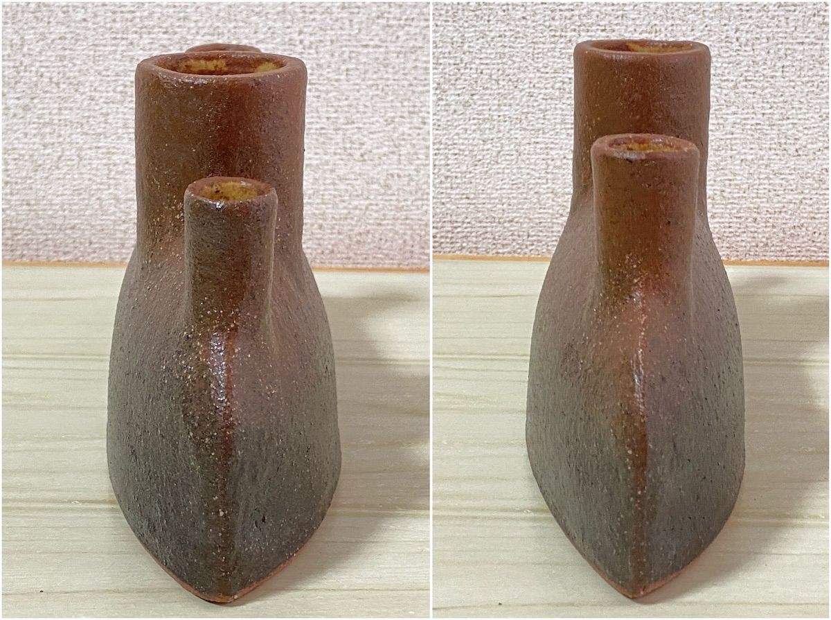 KK039】弥冨 銘 陶器 花瓶 三口 モダンアート 幅約22cm 高さ約