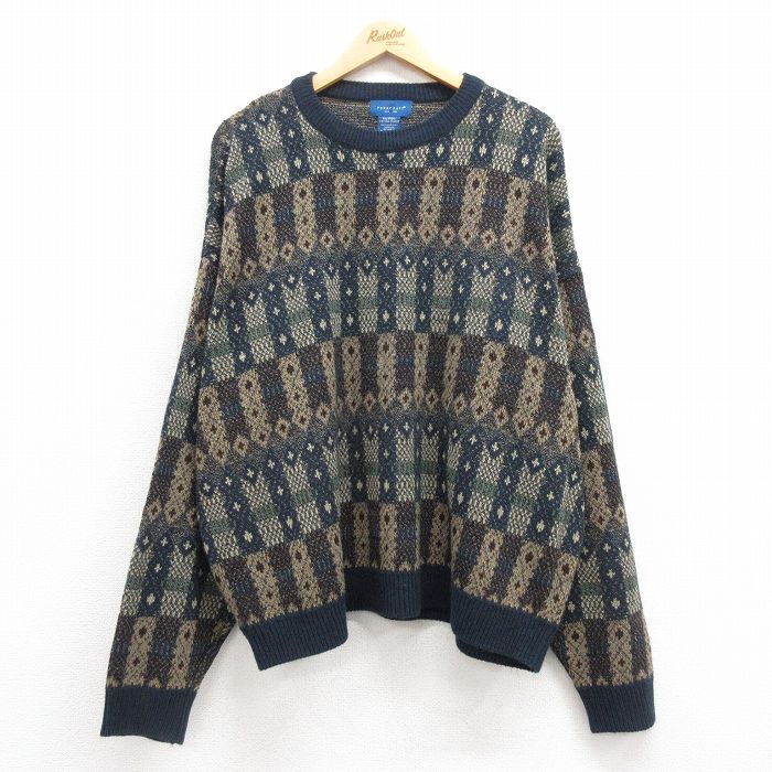 XL/古着 タウンクラフト 長袖 セーター メンズ 90s 大きいサイズ アクリル クルーネック 紺他 ネイビー 24sep18 中古 ニット トップス