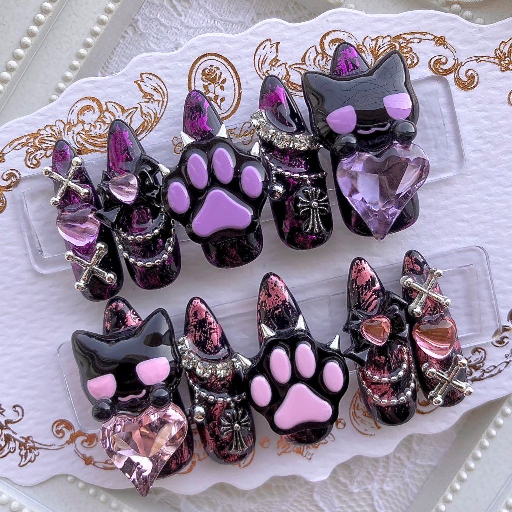 ネイルチップ 量産型 地雷 サブカル 天使界隈 緑 黒 猫 肉球 ハート