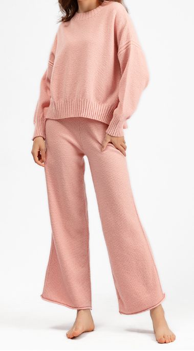 ピンク セットアップ ワイドパンツ ニット 長袖 プルオーバー セットアイテム 秋冬 上品 かわいい