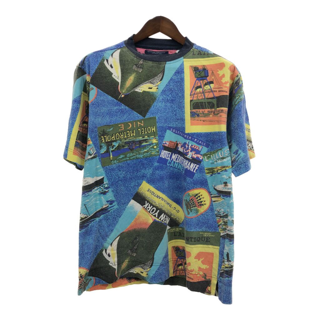 90年代 TOMMY HILFIGER トミーヒルフィガー 半袖Ｔシャツ 総柄 ブルー (メンズ M) 中古 古着 Q6607