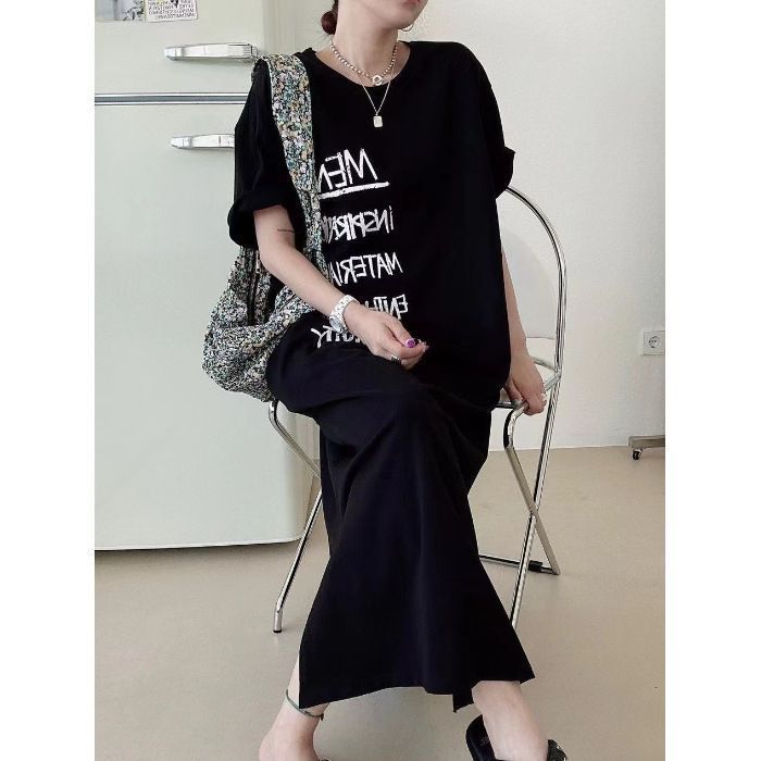 tシャツ プリントスリットクルーネックロングワンピース レディース Tシャツワンピ ロングワンピース 半袖 英字プリント レディース