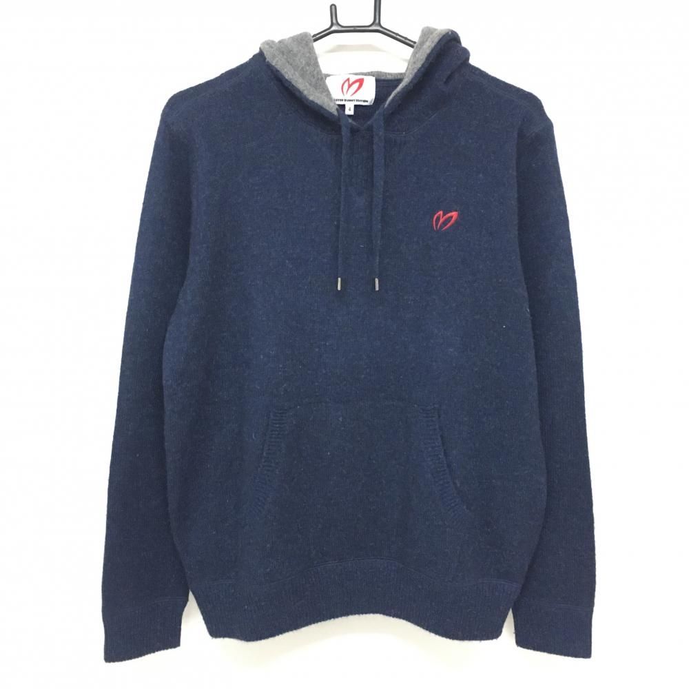マスターバニー フード付セーター ネイビー×グレー ロゴレッド アンゴラ混 メンズ 4 M ゴルフウェア MASTER BUNNY EDITION