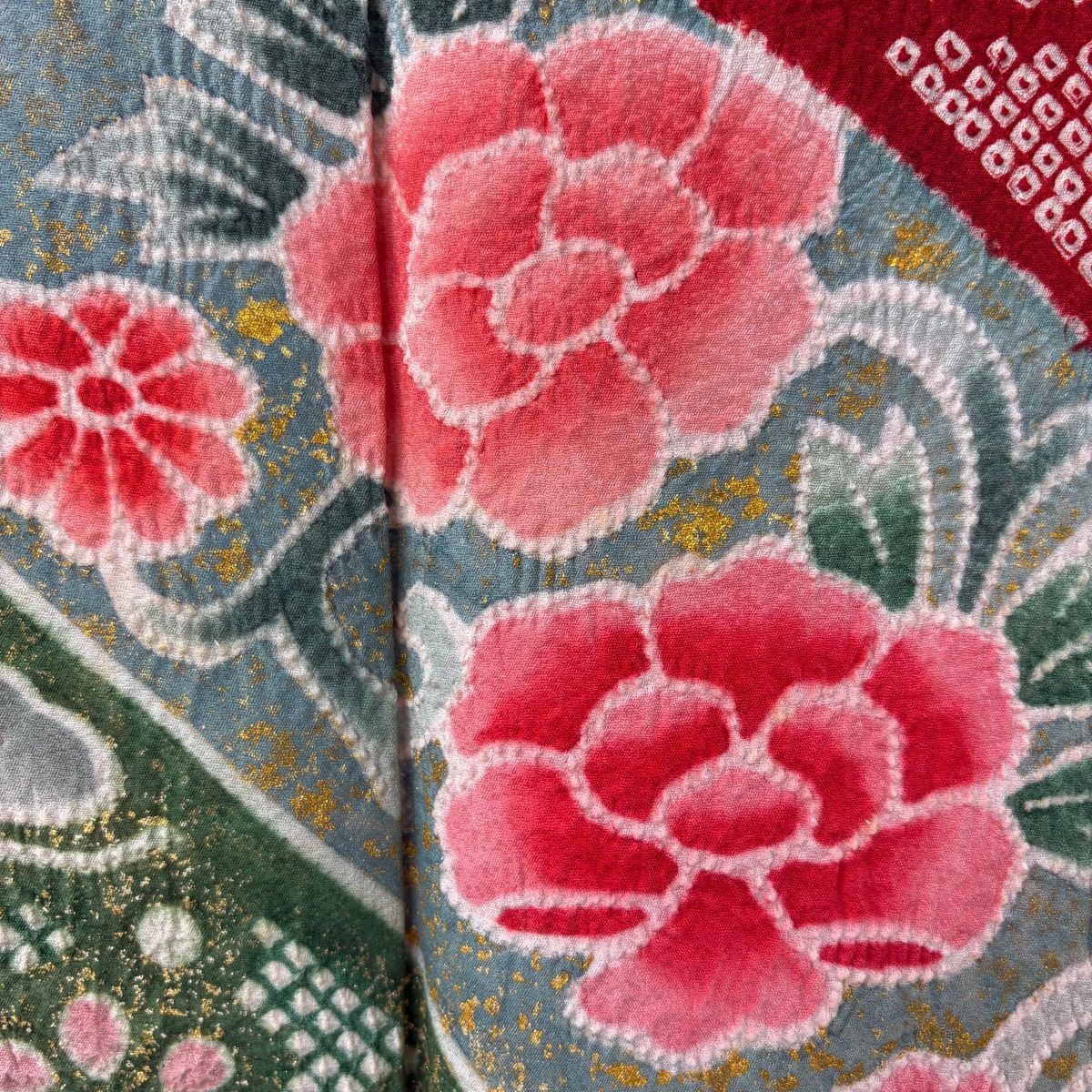 振袖 身丈157.5cm 裄丈65.5cm M 袷 松竹梅 波 金銀彩 赤 正絹 名品  