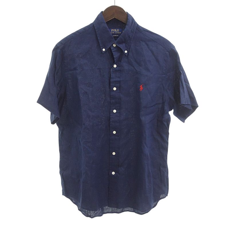 ポロラルフローレン POLO RALPH LAUREN CLASSIC FIT ロゴ 刺繍 リネン 半袖 ボタンダウン シャツ ネイビー サイズ メンズM