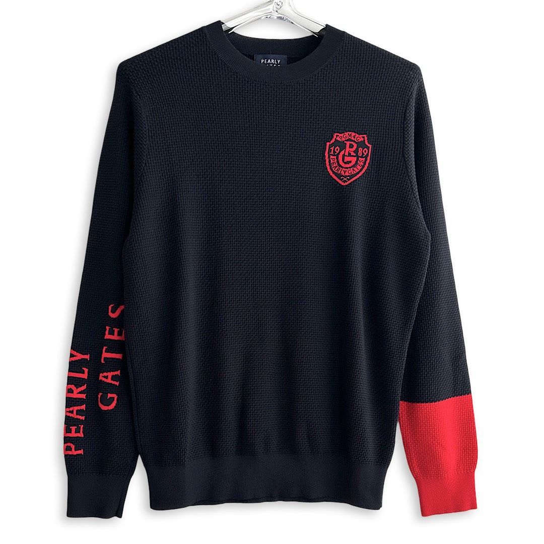 PEARLY GATES パーリーゲイツ 定価33 000円 メンズ ワッフルニット セーター ダークネイビー×レッド 長袖 ロゴ ゴルフウェア トップス サイズ4 Mサイズ