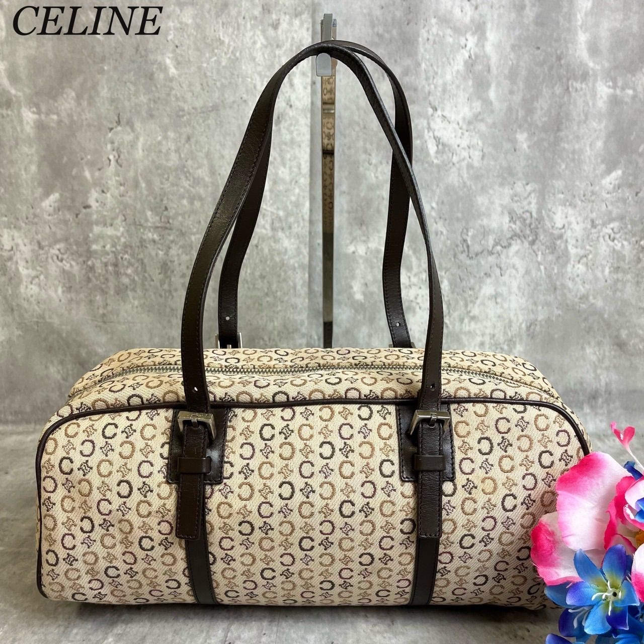 ✨良品✨ CELINE セリーヌ ミニボストンバッグ トートバッグ Cマカダム柄 総柄 ロゴ型押し シルバー金具 キャンバス レザー レディース  ベージュ 肌色 ブラウン 茶色