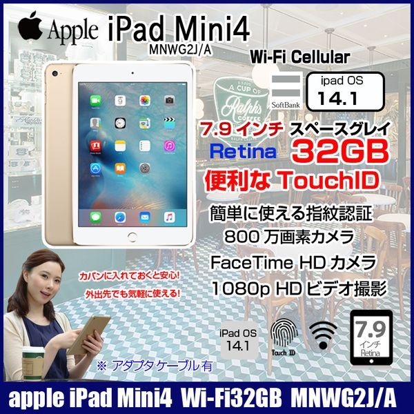 Apple iPad mini4 MNWG2J/A Softbank Wi-Fi+Cellular 32GB [ A8 32GB(SSD)  7.9インチ iPad OS 14.1 ゴールド ]:良品