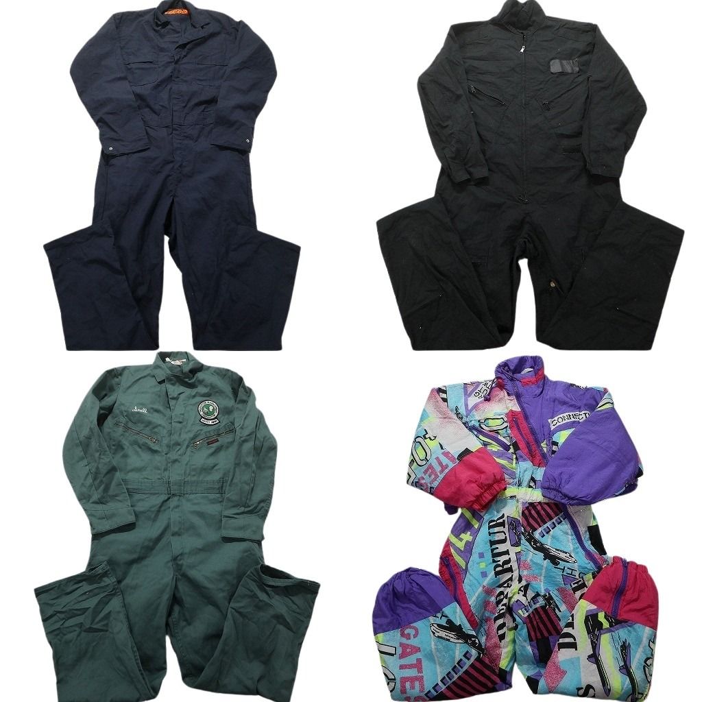 古着卸 まとめ売り オールインワン 長袖 4枚セット (メンズ Ｍ ) 総柄 カラフル系 ワーク系 ワッペン ブラック ネイビー グリーン MX0924