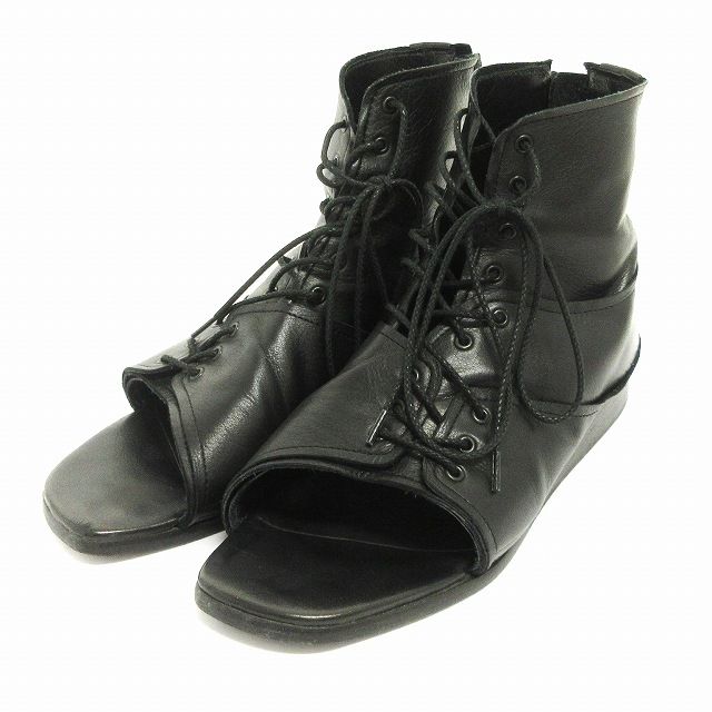 ワイズ Y s ヨウジヤマモト SOFT LEATHER LAYERED SANDAL BOOTS ブーツサンダル レースアップ レザー オープントゥ ローヒール YZ-E04-711-1 黒 ブラック 6