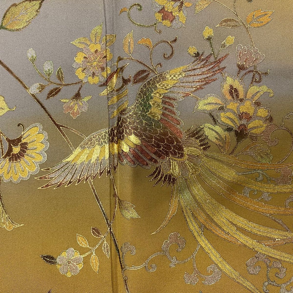 極上の逸品です♪春の訪れイエロー☆ハイセンスな蜘蛛絞り☆長尺☆九寸名古屋帯☆正絹 振袖 身丈165cm 裄丈68cm L 袷 花車 蝶 金彩 ぼかし 深緑 正絹