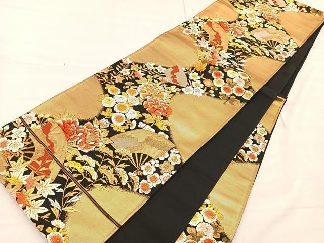 平和屋着物◎六通柄袋帯 唐織 扇面花文 金糸 正絹 逸品