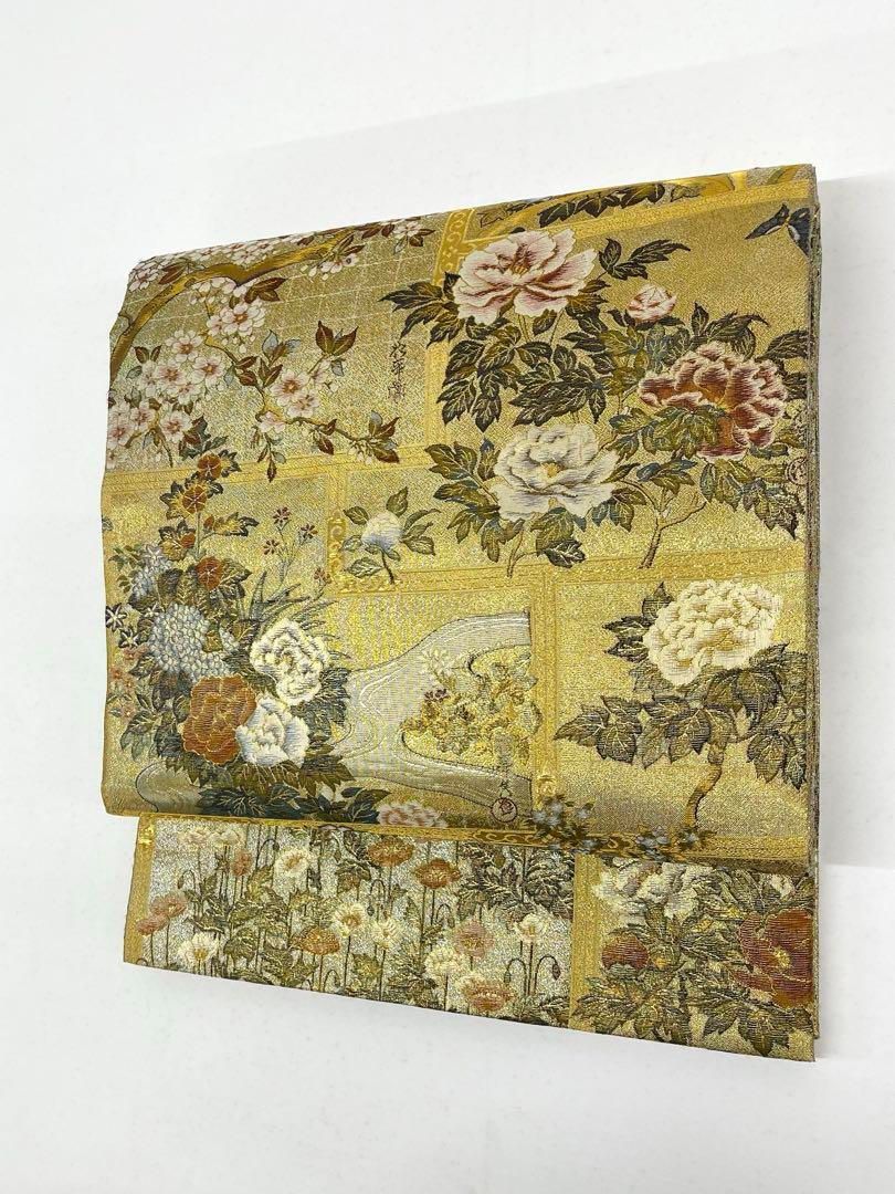 西陣あさぎ 近代花鳥画 琳派大全集 全通全景丸帯 金箔 鶴 鳥 流水 正絹