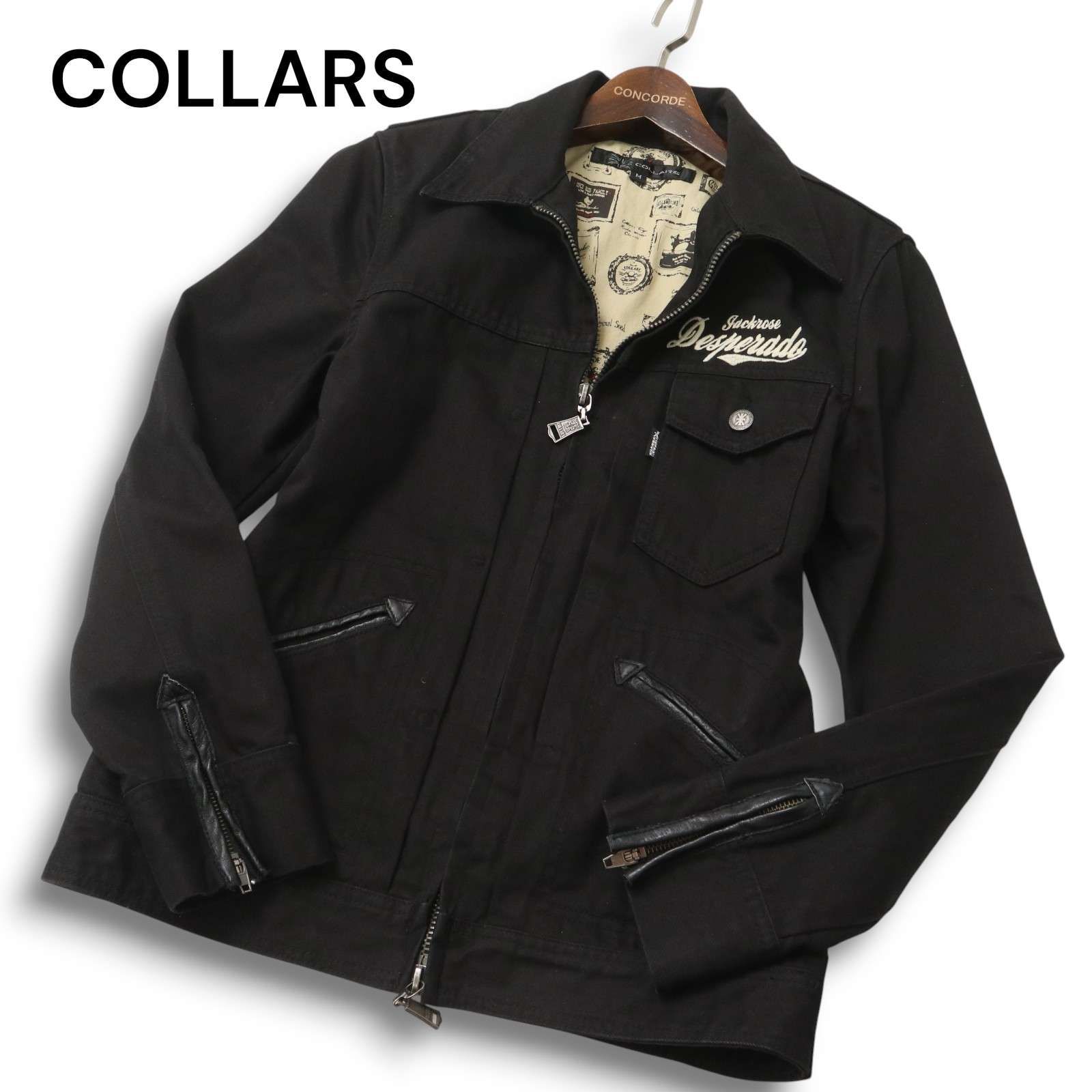 COLLARS カラーズ 通年 裏地スタンプ柄 本革 リアル レザー使い ジャケット ブルゾン Sz.M メンズ 黒