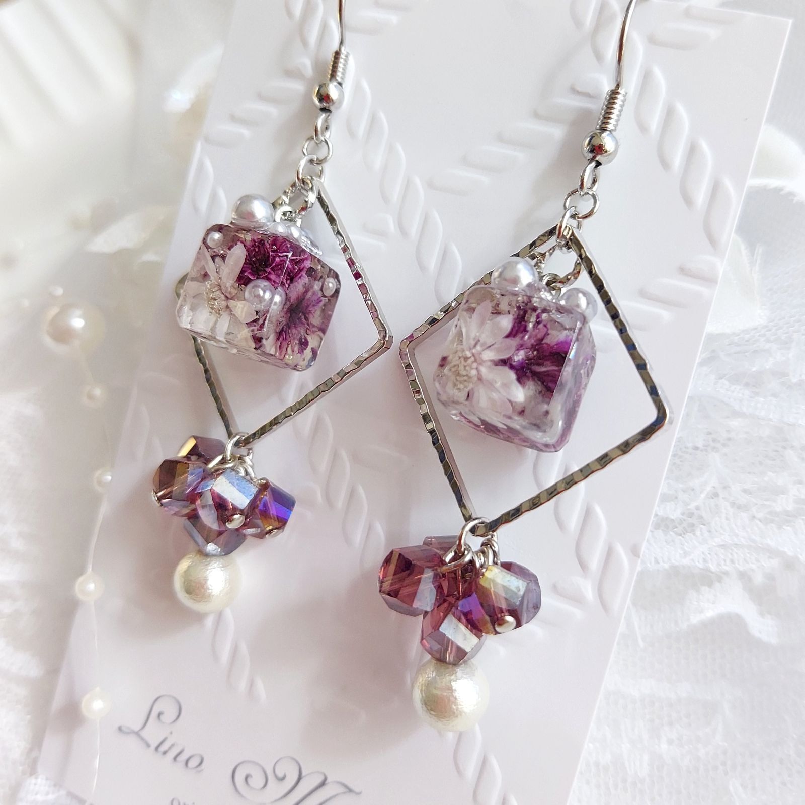 水中花 jewelryboxPurple 優雅なお花の宝石箱イヤリング/ピアス