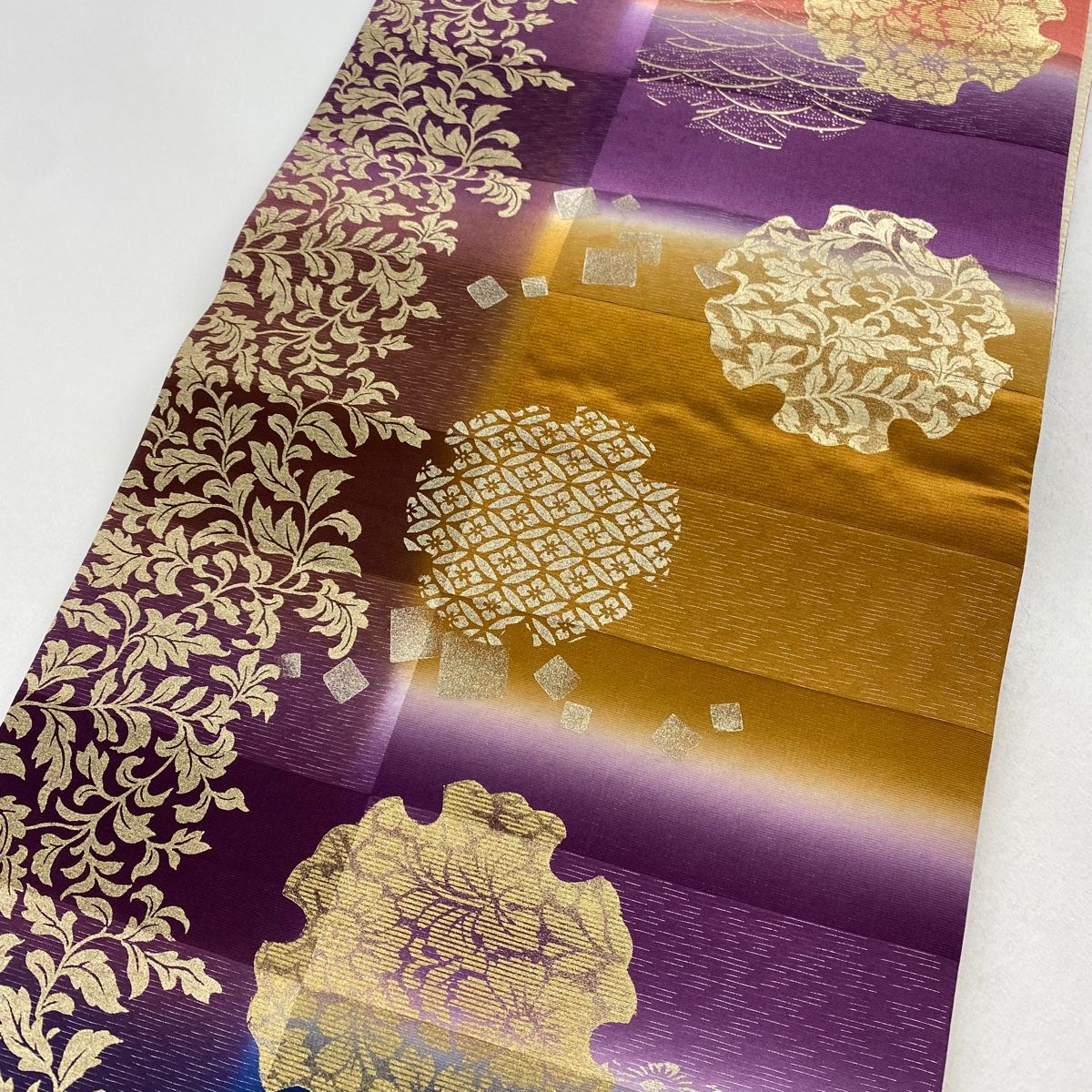 ⑥⑥⑤ 夏帯 雪輪　しば草 六通 袋帯 正絹 金糸 袋帯 美品 秀品 祥園 落款 笹 雪輪 金糸 箔 金色 六通 正絹