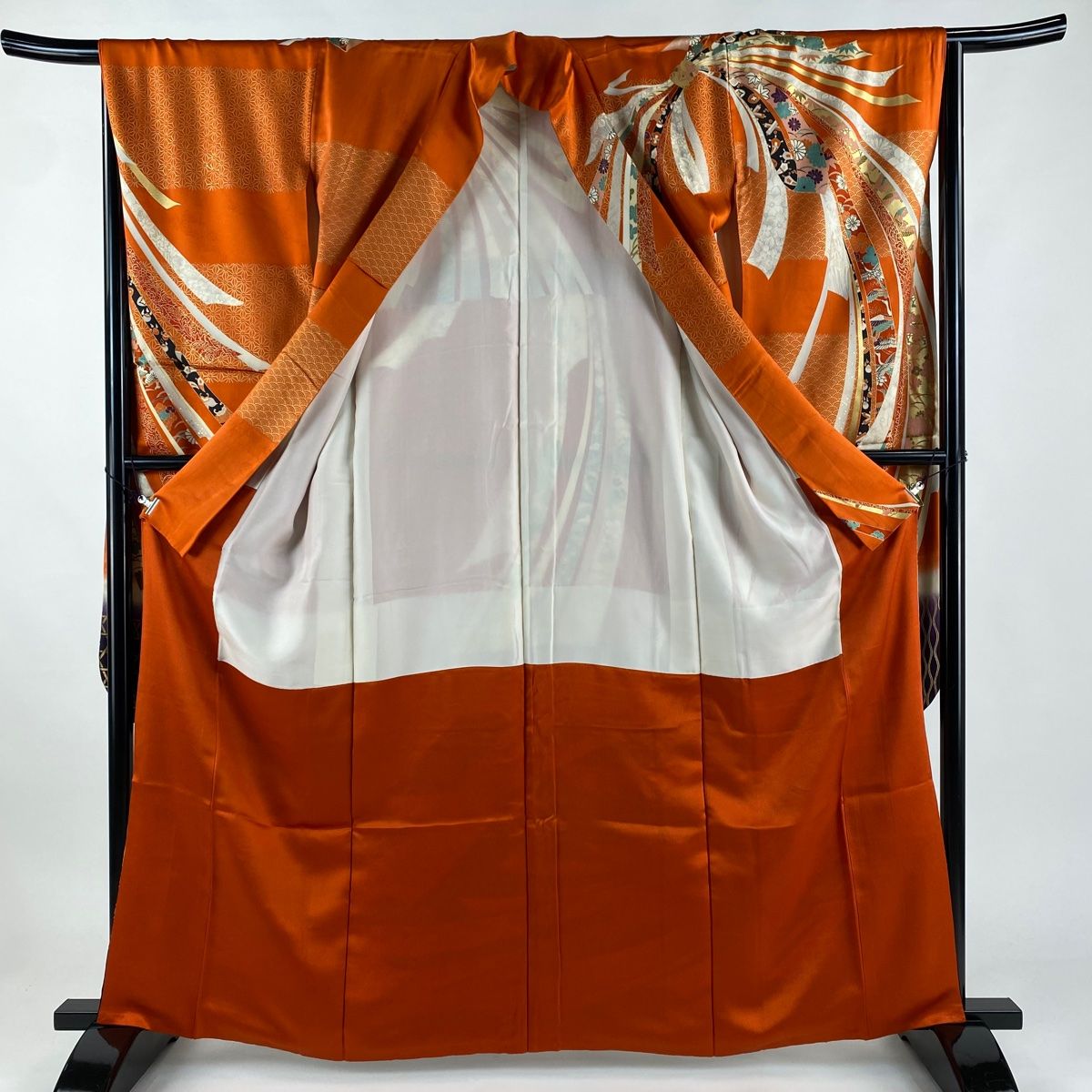 振袖 身丈162cm 裄丈65.5cm M 袷 束ね熨斗 鶴 金彩 染分け オレンジ 正絹
