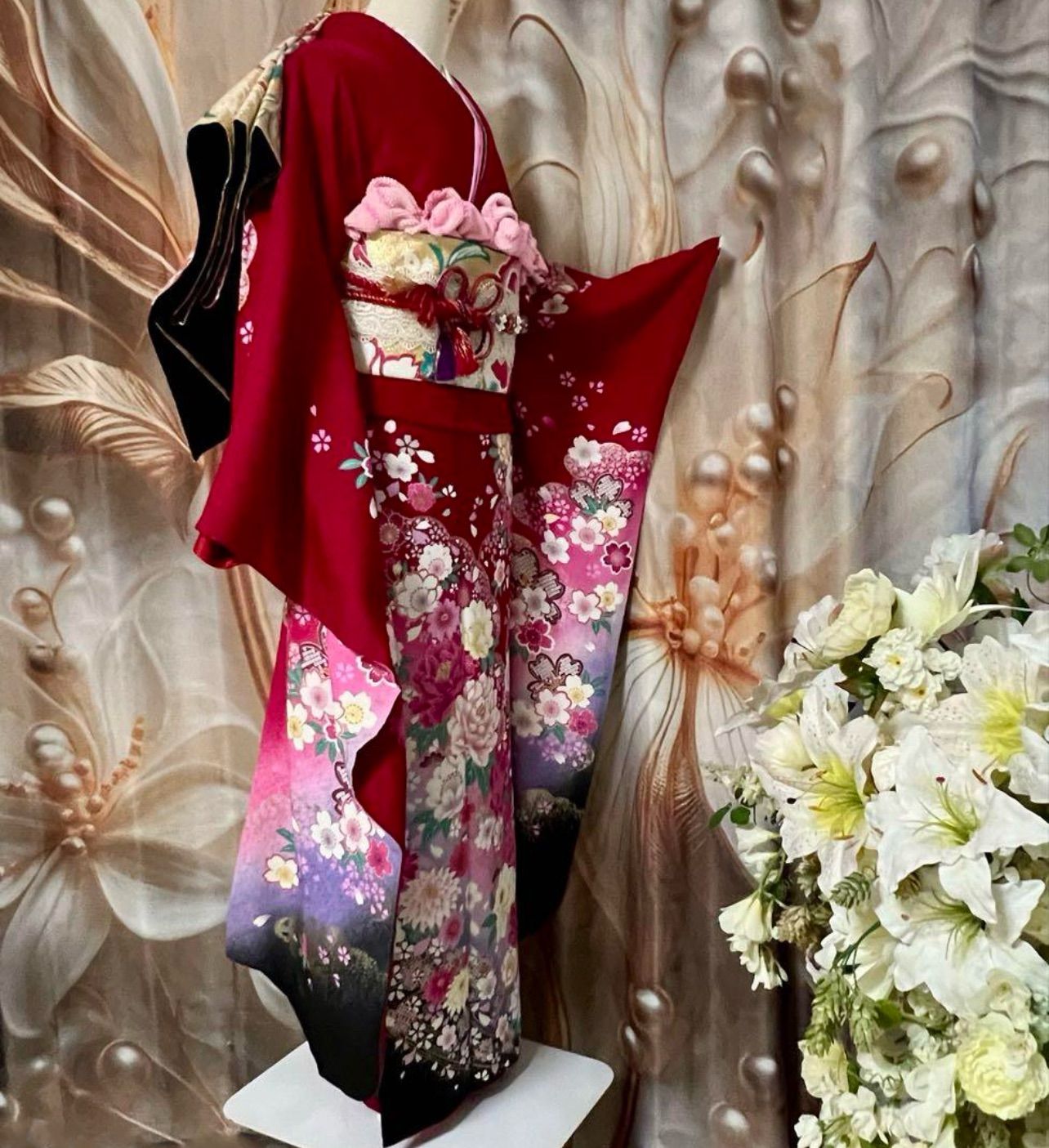 正絹 振袖 ピンク 赤 蝶 花模様 一式 FS-118】ピンクや赤の花や