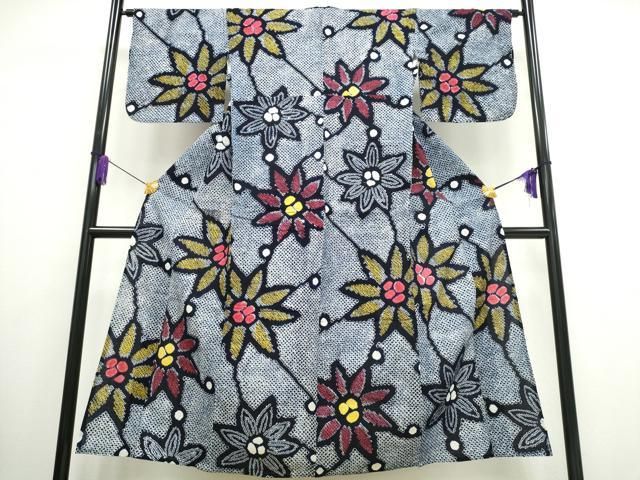 平和屋着物∴夏物 綿紅梅 浴衣 舞蝶文 黒地 銀彩 綿 逸品