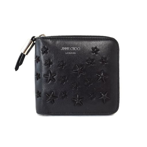 ジミーチュウ JIMMY CHOO 二つ折り財布 ラウンドファスナー スタッズ レザー 黒 ブラック AA