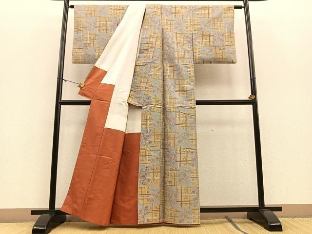 平和屋着物▽お召 単衣 幾何学文 正絹 逸品 AAAV8382fy