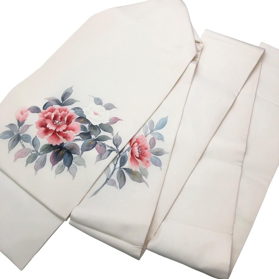 名古屋帯 作家物 塩瀬 手描き 花模様 乳白色 金彩 O-5398 - メルカリ