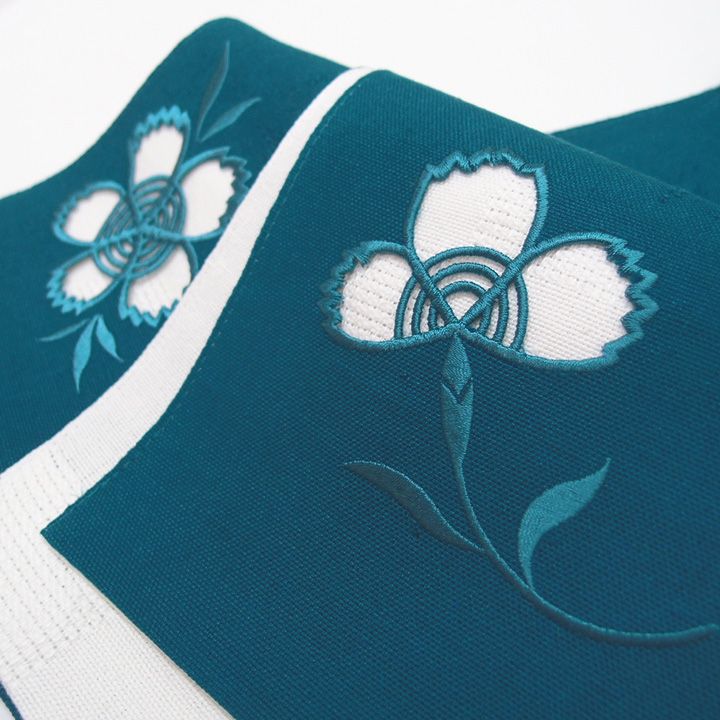 夏帯 半幅帯 麻 小袋帯 ドロンワーク 刺繍 撫子 仕立て上がり カジュアル 浴衣 夏着物 青 b413