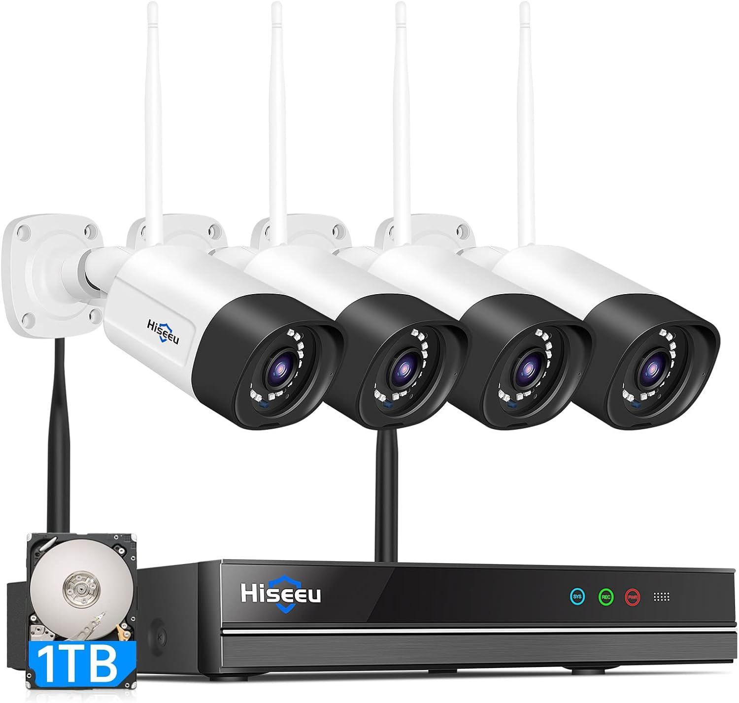 Hiseeu（ハイセウ）ワイヤレス防犯カメラ 4台セット ‎WNKIT-12V-4HB312-3T一体型NVR 1920P 500万画素 1TBHDD内蔵 10チャンネルまで増設可 双方向音声 防水等級ip66 AI動体検知 屋内外 セキュリティ