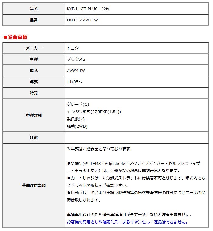 KYB カヤバ エルキットプラス L-KIT PLUS 1台分 プリウスα ZVW40W 11 05～ LKIT1-ZVW41W