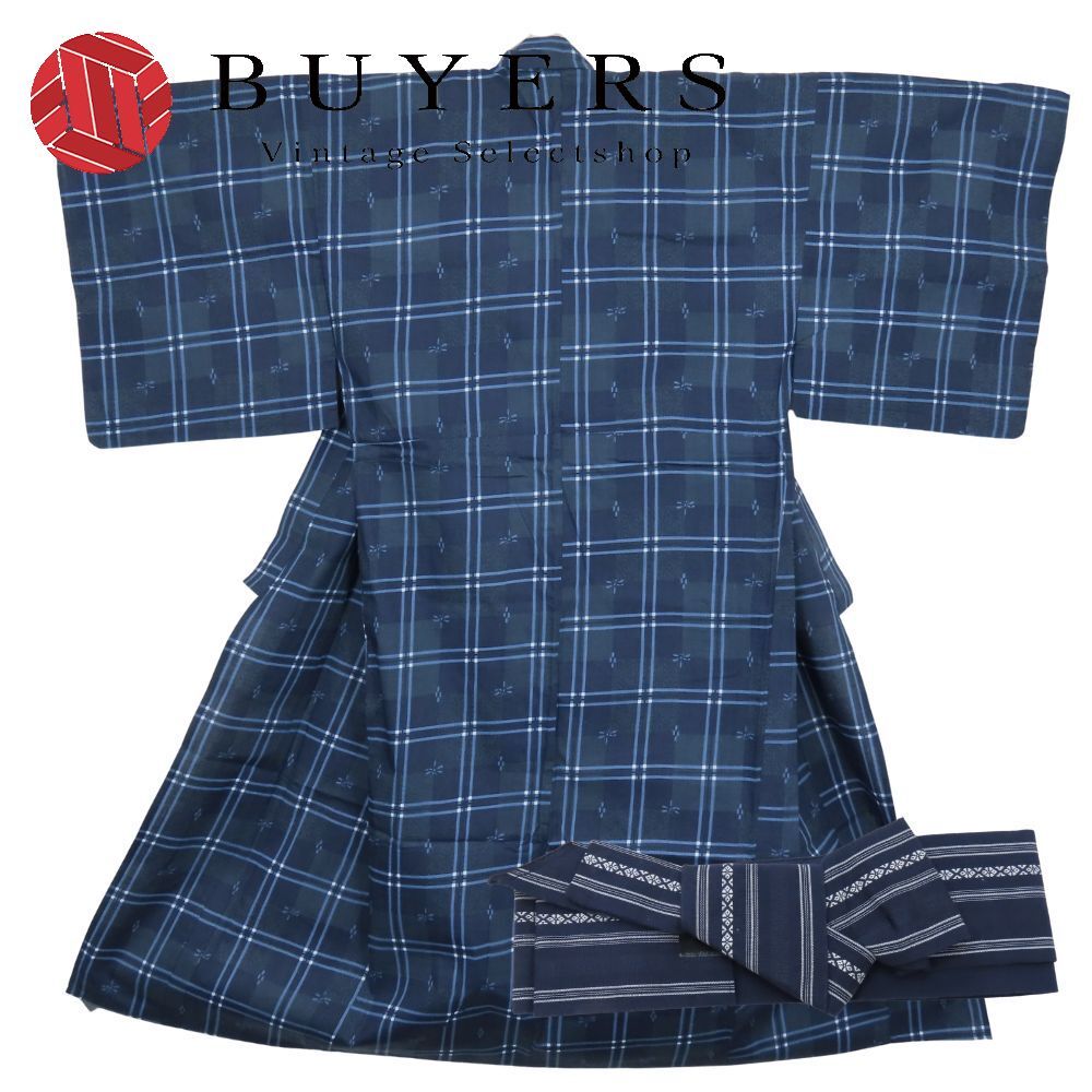 【中古】 浴衣 セット ワンタッチ角帯 綿 ブルー系 ネイビー モダン おしゃれ 和装 呉服 和服 きもの メンズ 男性