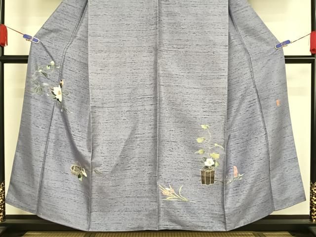 平和屋着物○十日町友禅作家 岡村蒼風 訪問着 紬地 花籠 正絹 逸品