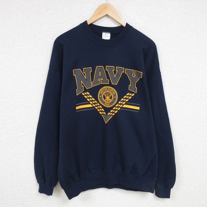XL/古着 長袖 スウェット メンズ 90s ミリタリー ネイビー NAVY リフレクター クルーネック 紺 24oct09 中古 スエット トレーナー トップス