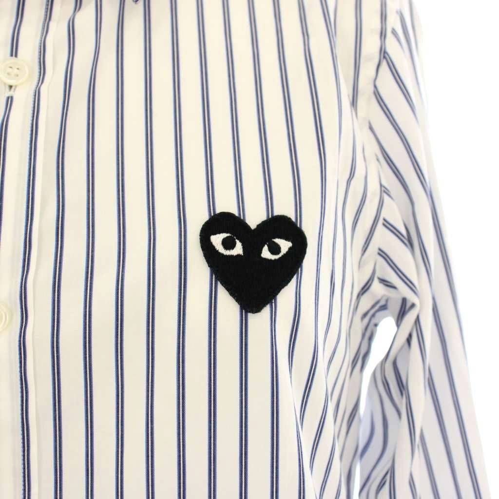 来店をご期待! プレイコムデギャルソン PLAY COMME des GARCONS AD2020 シャツ 長袖 ストライプ柄 ハート ワッペン コットン S 白 ホワイト 青 ブルー AZ-B019 KU 安い！かわいい！