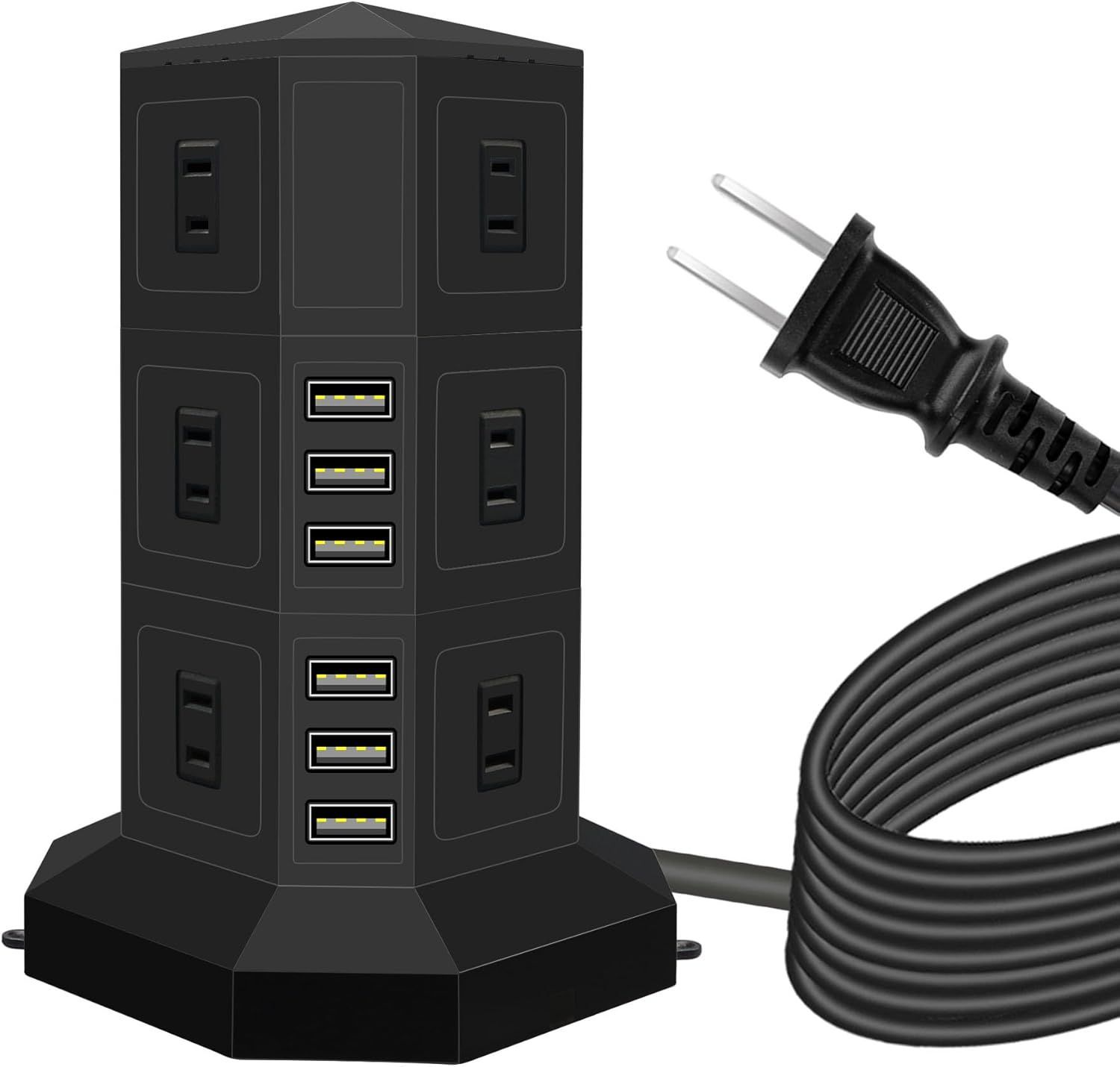 電源タップ 縦型コンセント タワー式 オフィス 会議用 USB急速充電 約2m スイッチ付 12口 ３層 黒