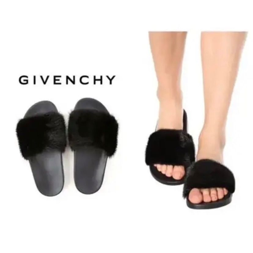 ジバンシー　GIVENCHY ミンクファーラバーフラットサンダル ブラック