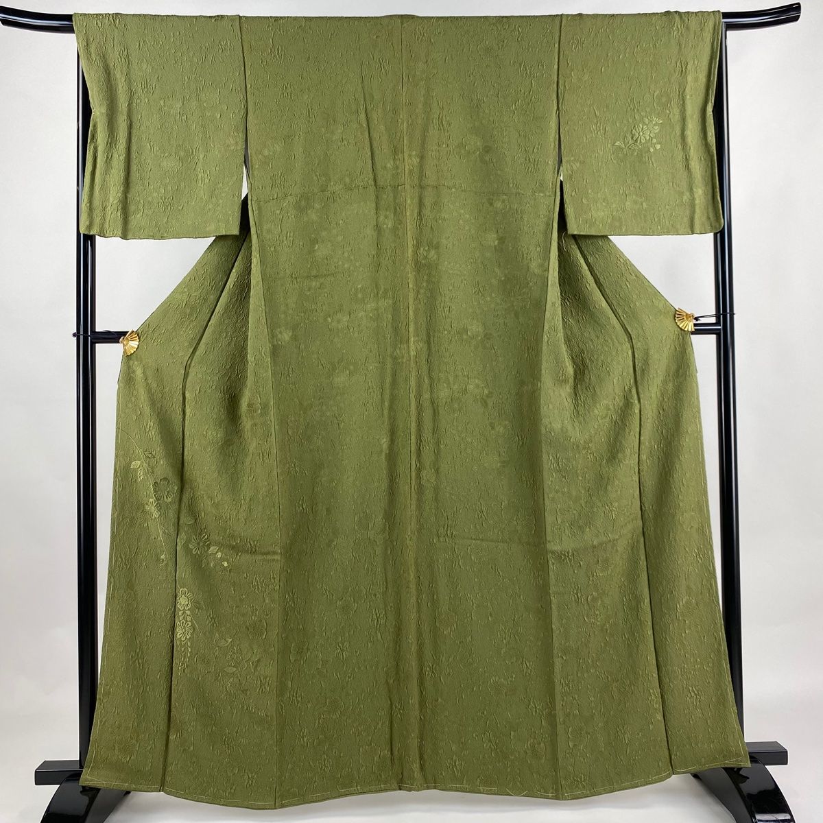 付下げ 身丈160.5cm 裄丈67cm M 袷 草花 刺繍 茶緑色 正絹 美品 秀品  