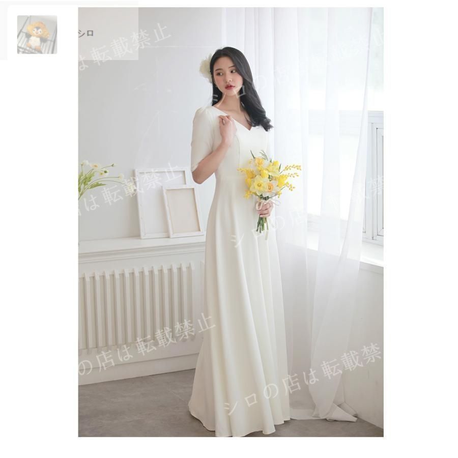 ウェディングドレス ロングドレス 二次会 半袖 Vネック サテン 結婚式